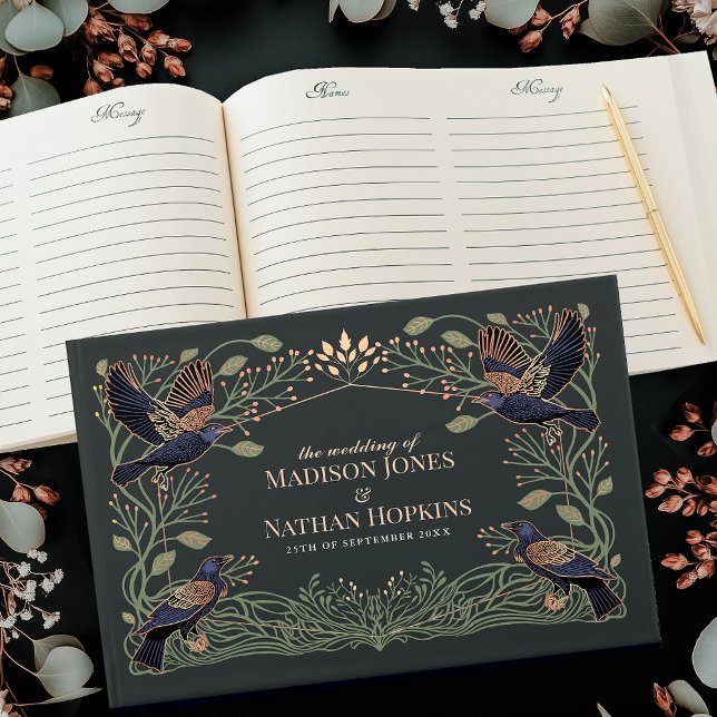 Livro De Visitas Casamento de Folhas Verdes Florais Raven Gothic En (Criador carregado)