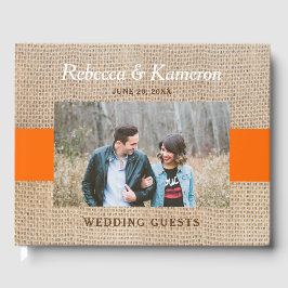 Livro De Visitas Casamento de Foto Laranja Rustic Burlap