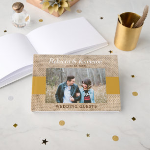 Livro De Visitas Casamento de Fotografias Dourado e Burlap
