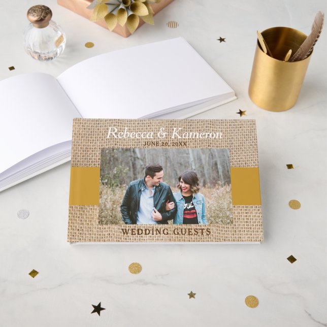 Livro De Visitas Casamento de Fotografias Dourado e Burlap (Frente aberta)