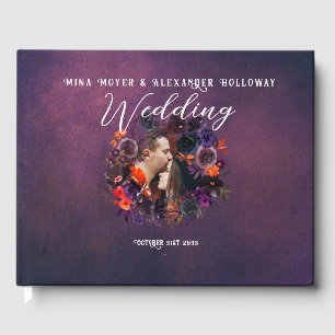 Livro De Visitas Casamento de Fotografias Roxo Floral Escuro Elegan