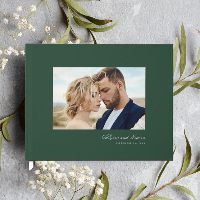 Livro De Visitas Casamento de Fotos Simples de Script Verde Elegant (Criador carregado)