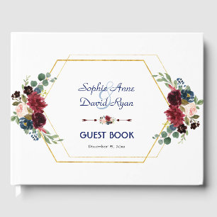 Livro De Visitas Casamento de Frame de Hexágono Dourado Floral Bur