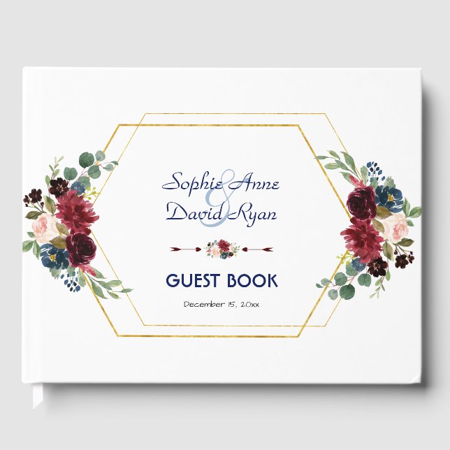 Livro De Visitas Casamento de Frame de Hexágono Dourado Floral Burg (Frente)