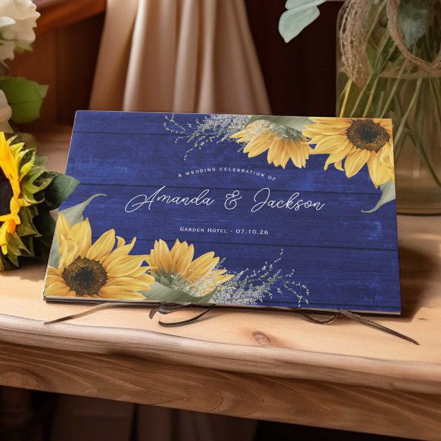 Livro De Visitas Casamento de girassol rústico-arborizado azul (Navy blue rustic watercolor sunflower themed wedding guestbook)