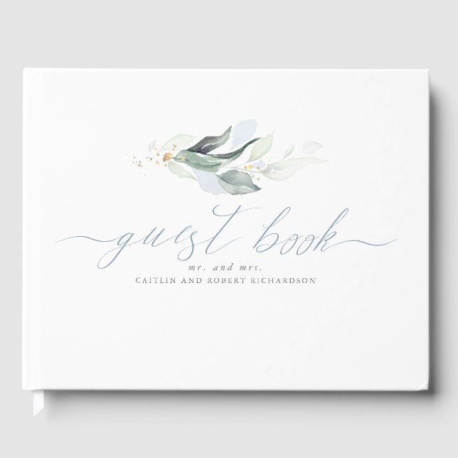 Livro De Visitas Casamento de Greenery Dusty Blue Leaves (Frente)