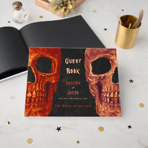 Livro De Visitas Casamento de Halloween Preto Laranja Caveira Gótic