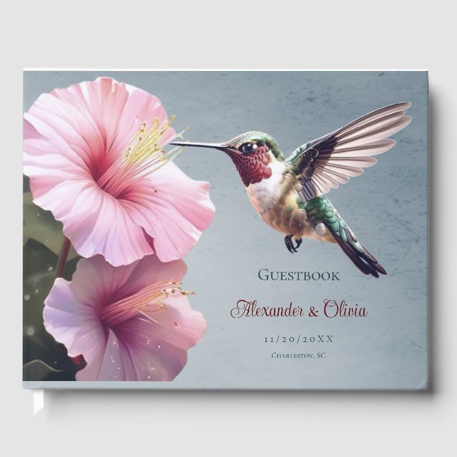 Livro De Visitas Casamento de Hummingbird e Hibiscus | Azul (Frente)