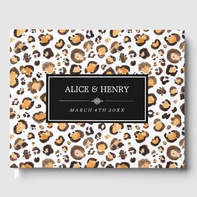 Livro De Visitas Casamento de Impressão de Leopardo de Aquarela (Frente)