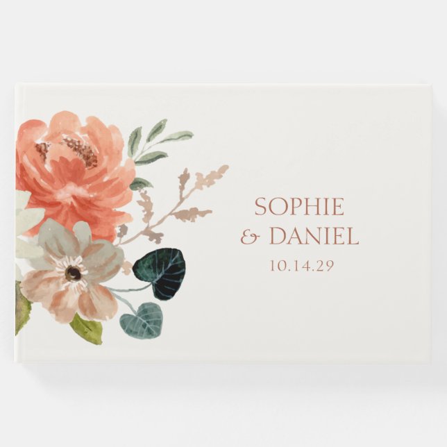 Livro De Visitas Casamento de Iniciais de Casal de Aquarela Floral  (Frente)