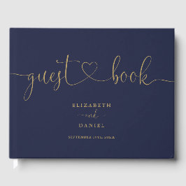 Livro De Visitas Casamento de Letra Cursiva Azul Marinho e Dourado