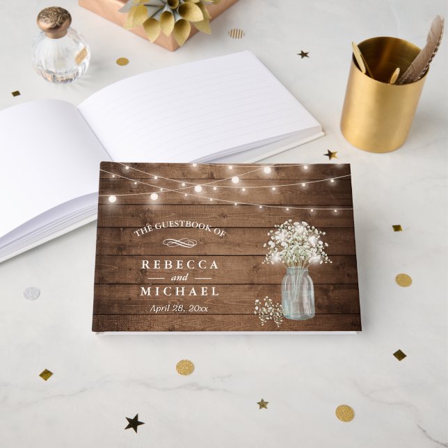 Livro De Visitas Casamento de Luzes de Madeira Rústica Mason Jar (Frente aberta)