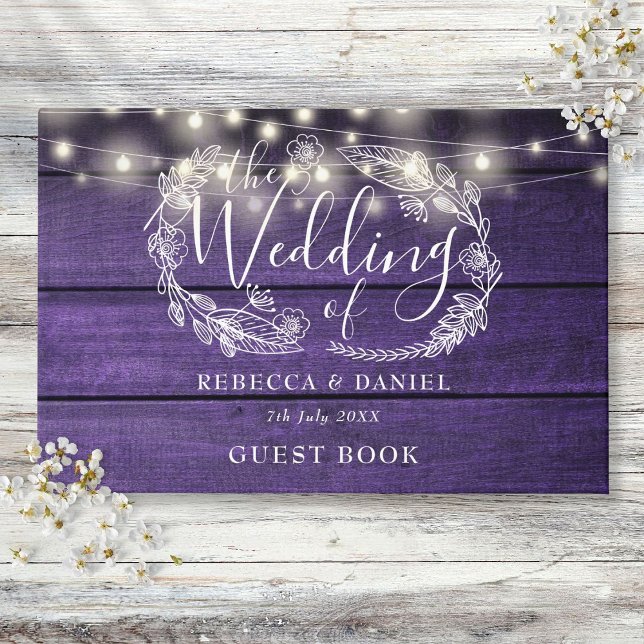 Livro De Visitas Casamento de Madeira Roxo Roxo-Rústica Floral (String Lights Floral Rustic Purple Wood Wedding Guest Book)