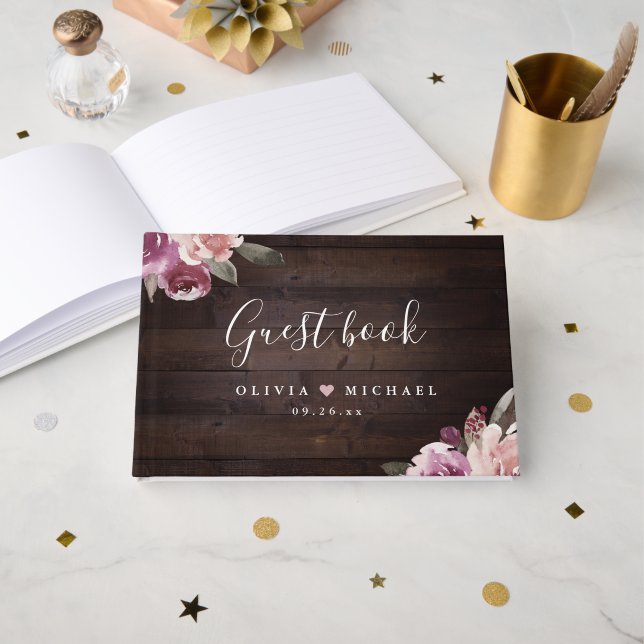 Livro De Visitas Casamento de madeiras rústicas florais e de amora (Frente aberta)