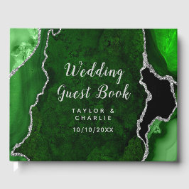 Livro De Visitas Casamento de Marble de Agata Verde e Prateado