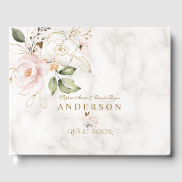 Livro De Visitas Casamento de Mármaco-Dourado, Flores-Rosa, Marble