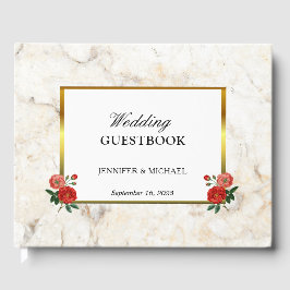 Livro De Visitas Casamento de mármore branco com rosas vermelhas de
