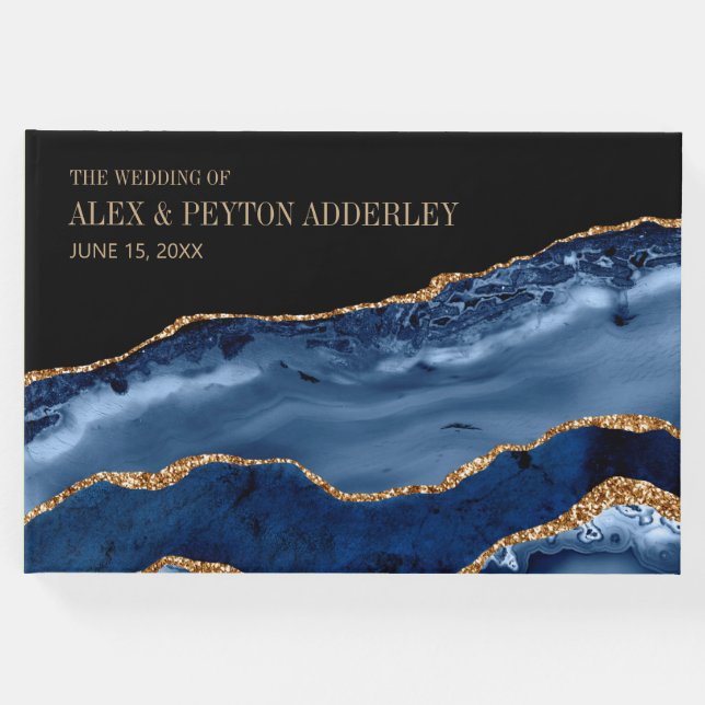 Livro De Visitas Casamento de mármore negro Dourado azul-Marinho El (Frente)