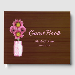 Livro De Visitas Casamento de Mason Jar Floral Rosa-Rosa-Escuro