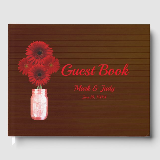 Livro De Visitas Casamento de Mason Jar, Floral Vermelha Escura (Frente)