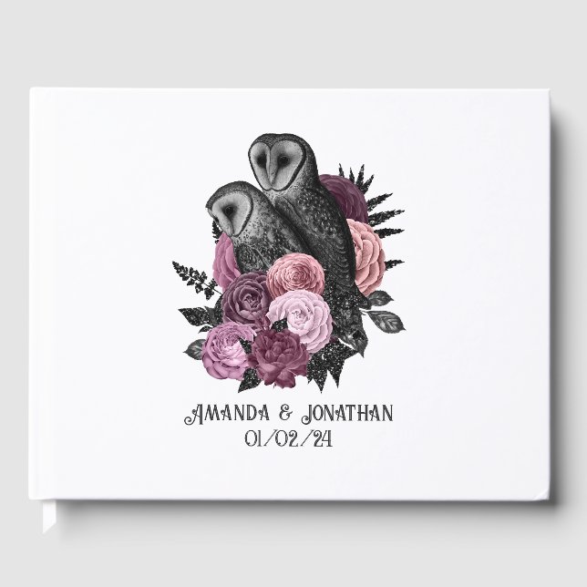 Livro De Visitas Casamento de Mauve Floral Glam Gothic Owls (Frente)