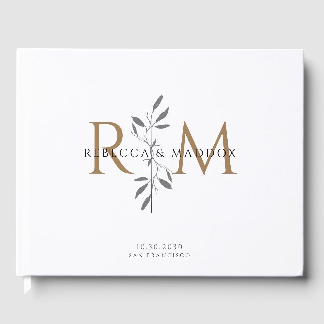 Livro De Visitas Casamento de Monograma Botânico em Ouro Elegante (Frente)