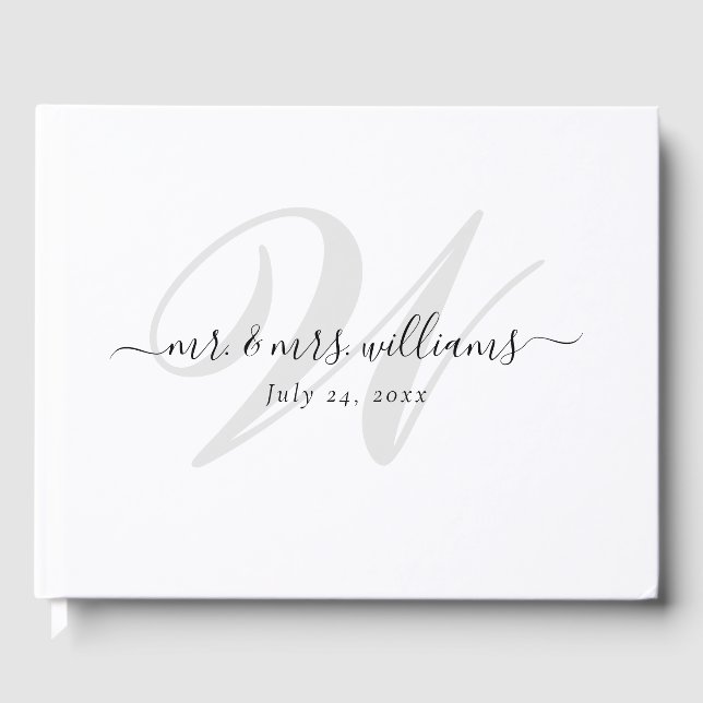 Livro De Visitas Casamento de Monograma Branco Branco Personalizado (Frente)