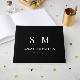 Livro De Visitas Casamento de Monograma Clássico Elegante Preto e B