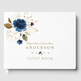 Livro De Visitas Casamento de Monograma das Flores Douradas Azuis E