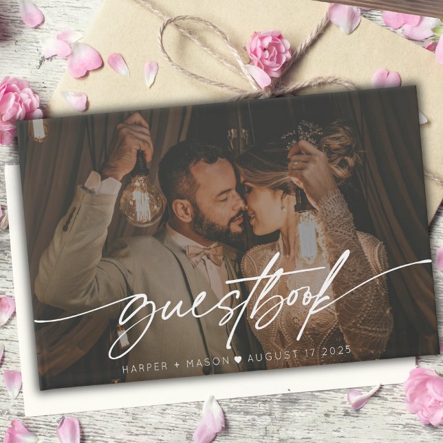 Livro De Visitas Casamento de Monograma de Script Elegante de Foto  (Criador carregado)