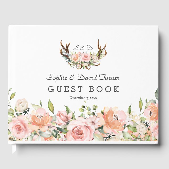 Livro De Visitas Casamento de Monogramas com Anéis Florais Rosa-Blu (Frente)