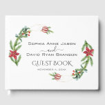 Livro De Visitas Casamento de Natal de Winter Poinsettia Pine Berry<br><div class="desc">QUALQUER EVENTO. Design elegante e único com galhos de pinheiro de cor d'água,  bagas,  bolas de Natal,  arranjo de mãos douradas como uma coroa de férias de inverno em branco. Use a ferramenta Personalizar para adicionar suas informações. Para mais ideias,  visite minha Coleção de Feriados de Mãos Douradas.</div>