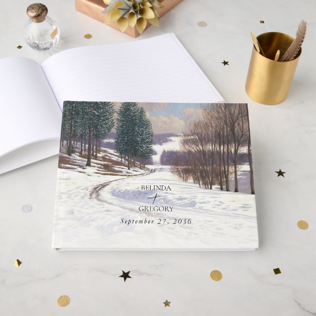 Livro De Visitas Casamento de Paisagem de Inverno de Aquarela (Frente aberta)