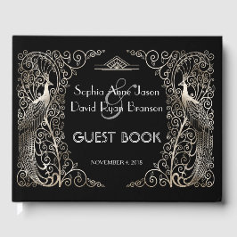 Livro De Visitas Casamento de Peacocks em Deco de Arte Glam Silver