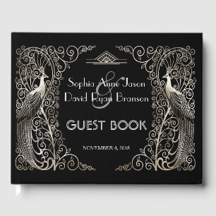 Livro De Visitas Casamento de Peacocks em Deco de Arte Glam Silver