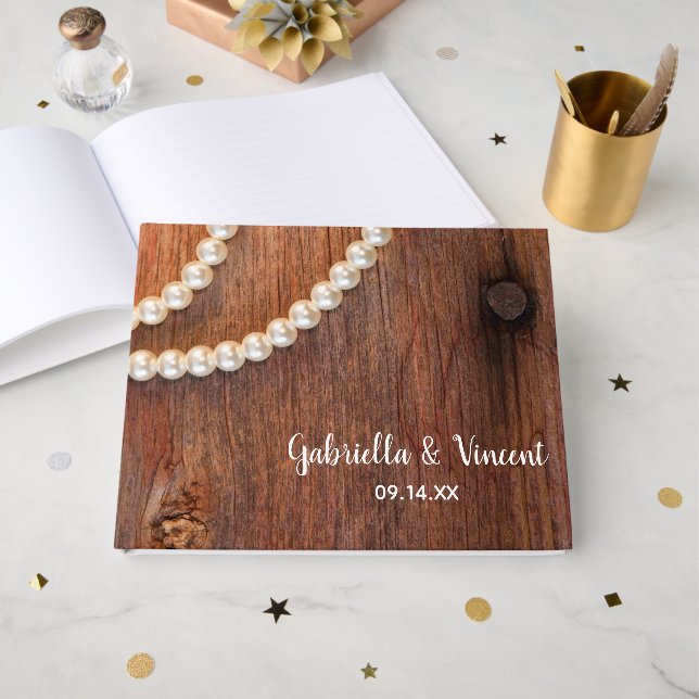Livro De Visitas Casamento de pearls russos e madeira de galinha (Frente aberta)