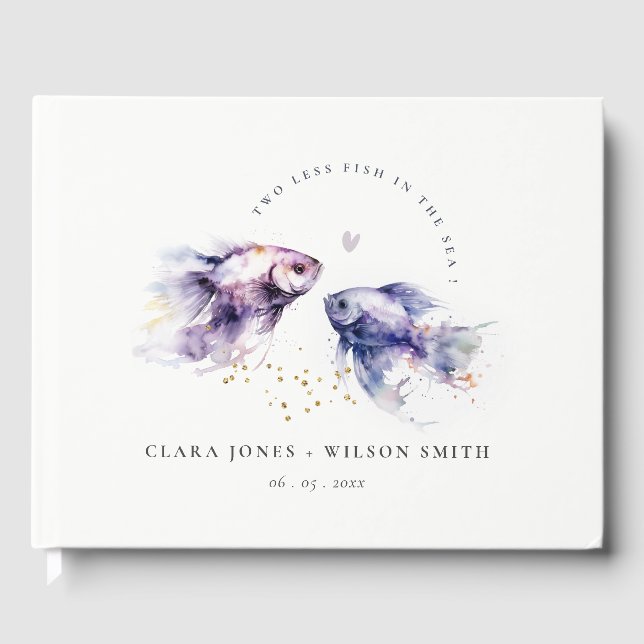 Livro De Visitas Casamento de Peixes Costeiros Lilac Aquarela Elega (Frente)