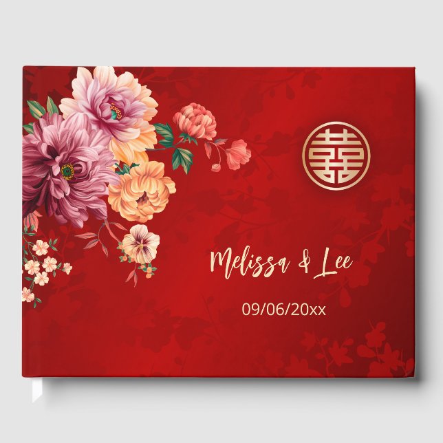 Livro De Visitas Casamento de Peony Red Chinese (Frente)