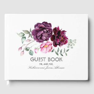 Livro De Visitas Casamento de Plum Purple Floral Buquê Watercolor