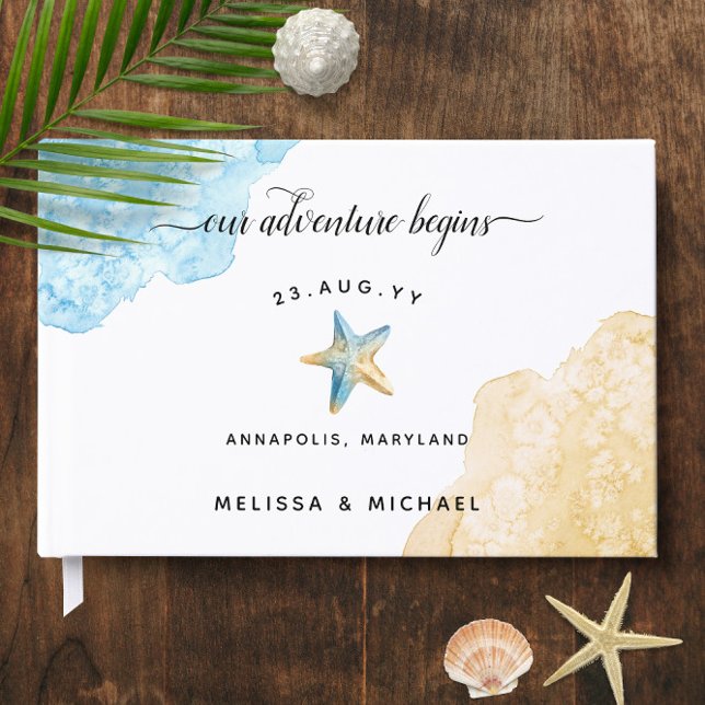 Livro De Visitas Casamento de praia 🌊 Areia Azul Oceânica (Watercolor Ocean Blue Sand 🌊 Beach Wedding Guest Book
)
