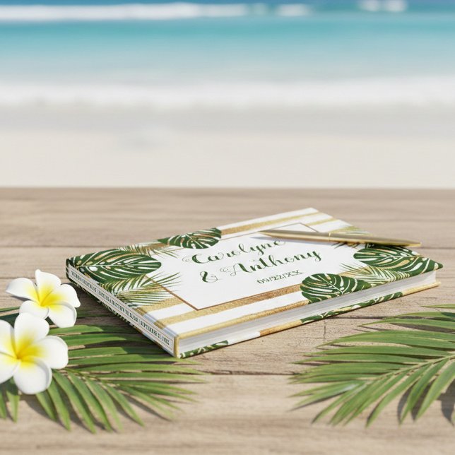 Livro De Visitas Casamento de Praia com Folha de Ouro e Palma Verde (Criador carregado)