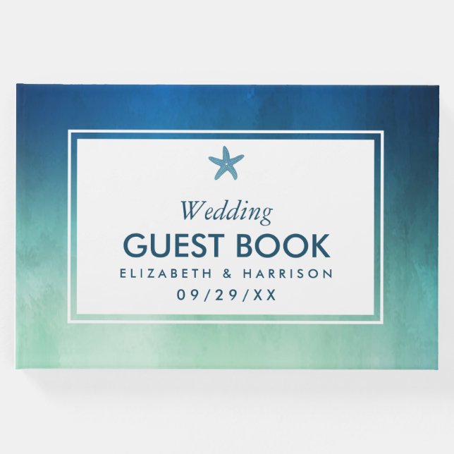 Livro De Visitas Casamento de Praia do Oceano Estelar com Aquarela (Frente)