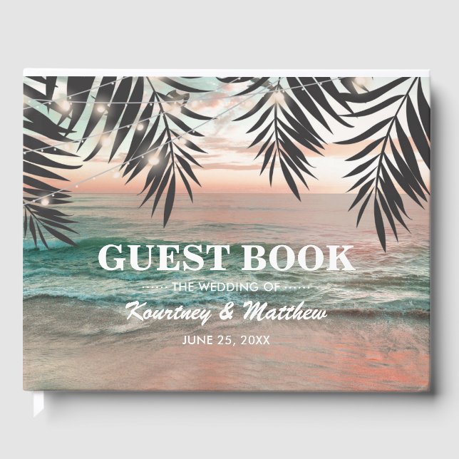 Livro De Visitas Casamento de praia tropical | String de luzes (Frente)