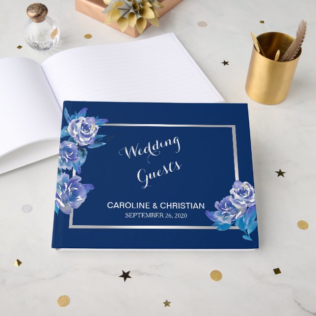 Livro De Visitas Casamento de Prata Floral Azul Elegante (Frente aberta)