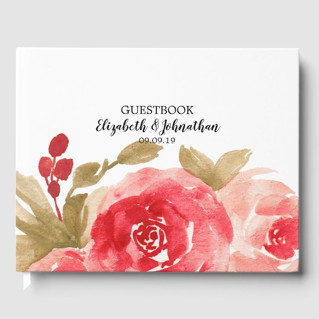 Livro De Visitas Casamento de Rosa vermelha de Aquarela Elegante (Frente)
