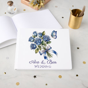 Livro De Visitas Casamento de Rosas Azuis Elegantes e Borboleta