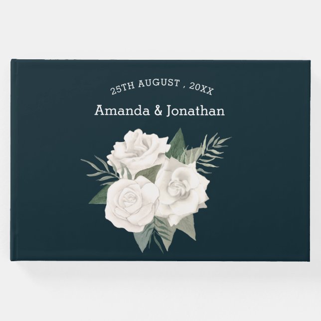 Livro De Visitas Casamento de Rosas Brancas Azuis e Marinhos Elegan (Frente)