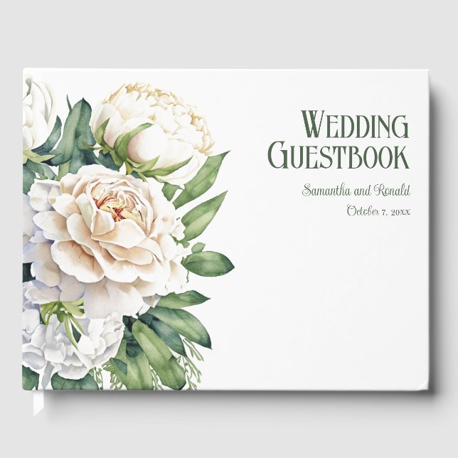 Livro De Visitas Casamento de Rosas Brancas Elegantes e Peonies (Frente)