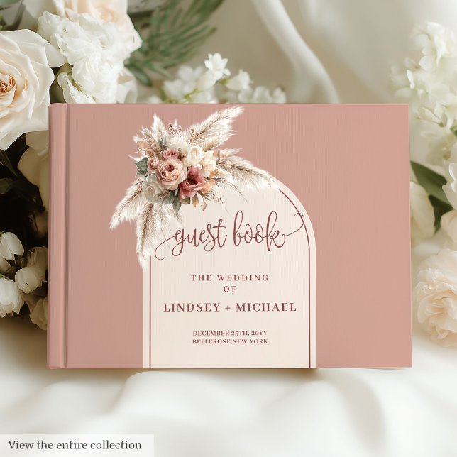 Livro De Visitas Casamento de Rosas Pampas Rosa Tradicional (Traditional Dusty Pink Pampas Roses Arch Wedding Guest Book )