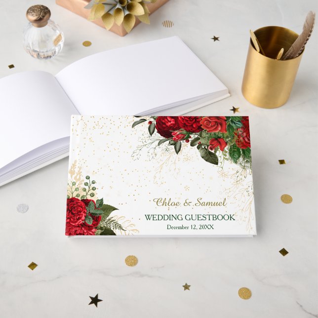 Livro De Visitas Casamento de rosas vermelhas e Confetti (Frente aberta)